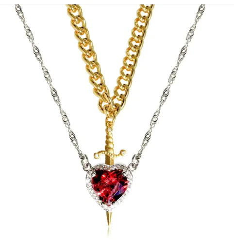 Heart And Sword Necklace Set Gold Color Stainless Steel Crystal Couple Necklaces