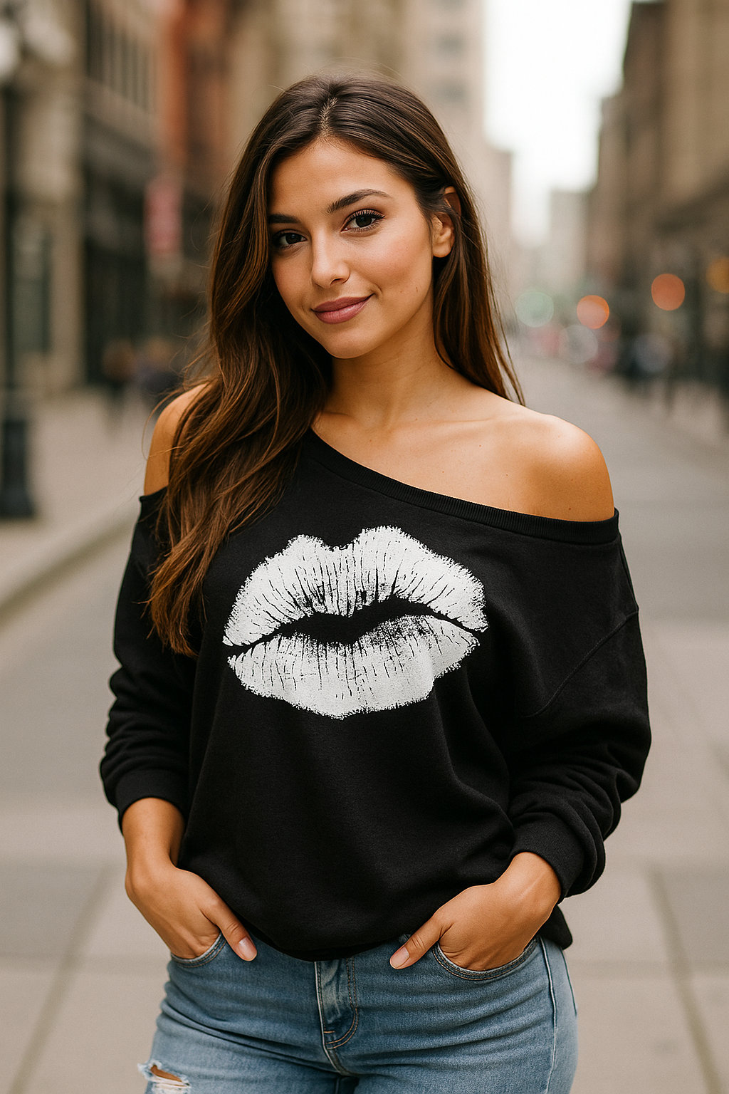 Long Sleeve Sweater with Lip Pattern