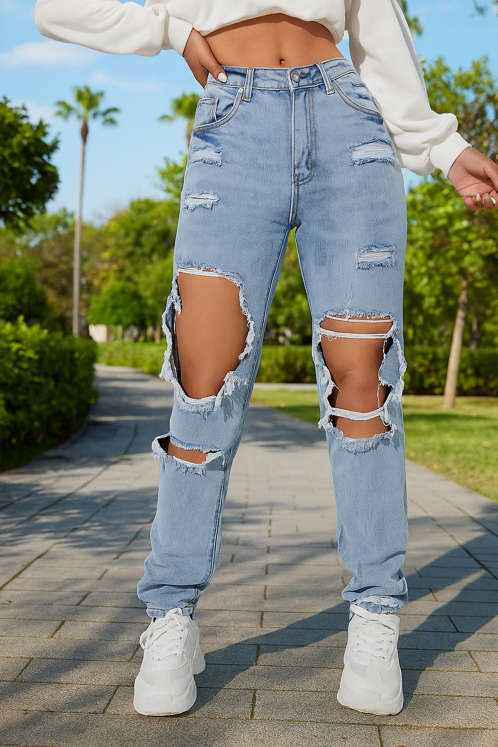 High Waist Ripped Straight Jeans