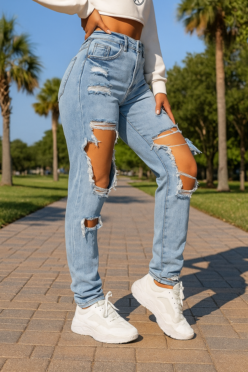 High Waist Ripped Straight Jeans