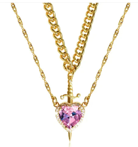 Heart And Sword Necklace Set Gold Color Stainless Steel Crystal Couple Necklaces