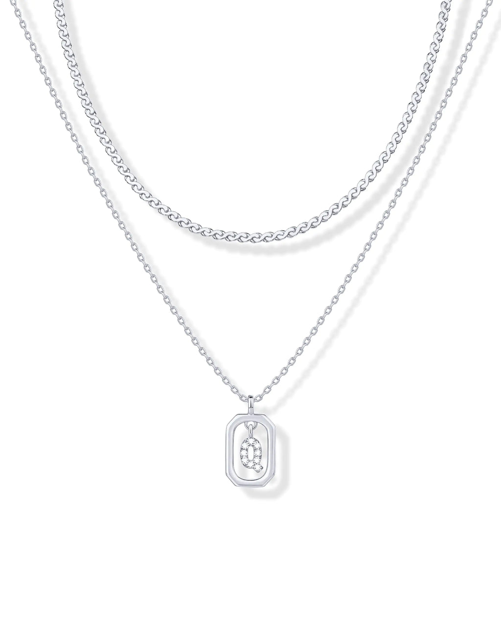 Rhodium Plated Cubic Zirconia Letter Pendant Layered Necklace
