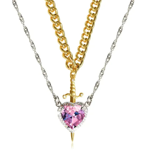Heart And Sword Necklace Set Gold Color Stainless Steel Crystal Couple Necklaces