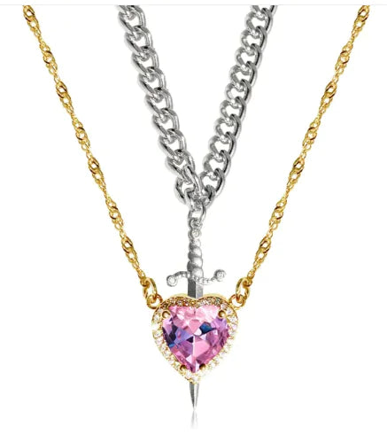 Heart And Sword Necklace Set Gold Color Stainless Steel Crystal Couple Necklaces
