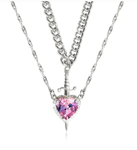Heart And Sword Necklace Set Gold Color Stainless Steel Crystal Couple Necklaces