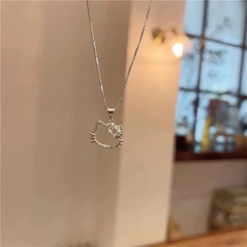 S925 Silver Kitty Cat Diamond Necklace