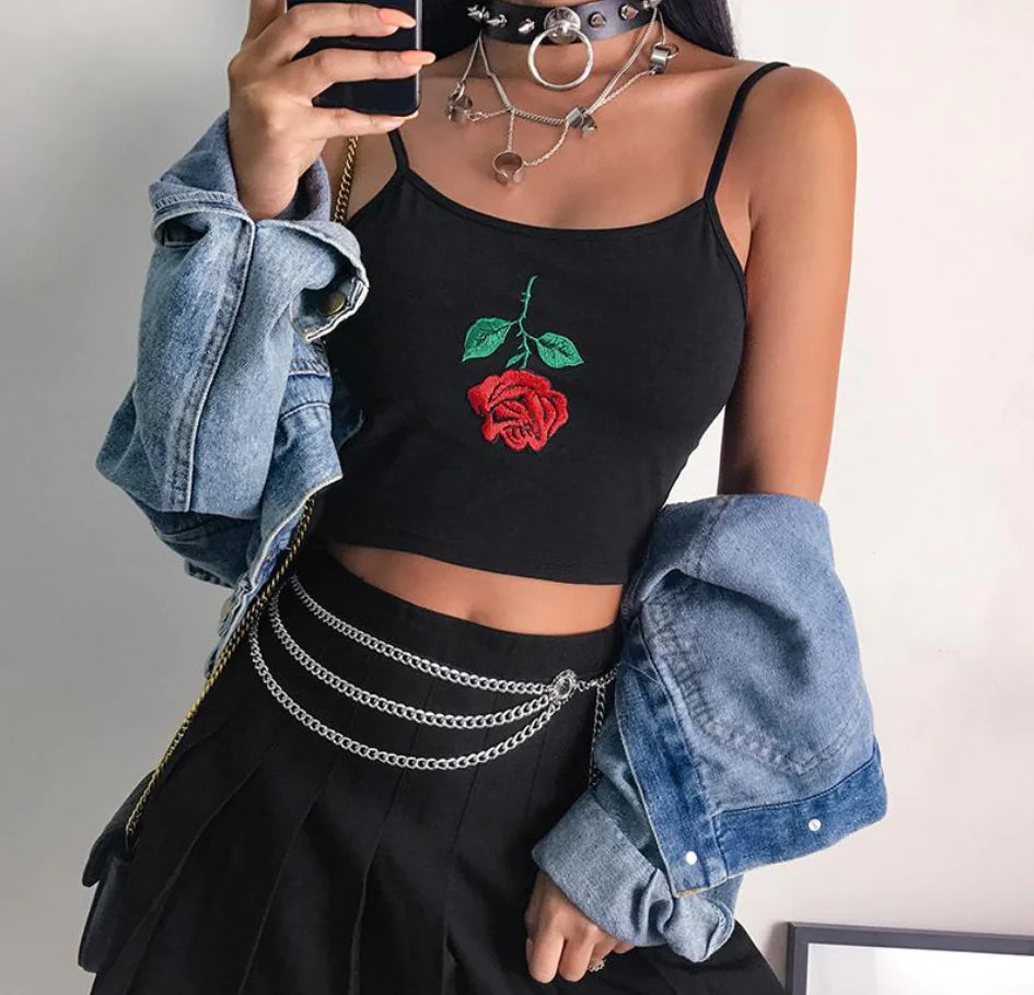 Embroidered Rose Crop Top