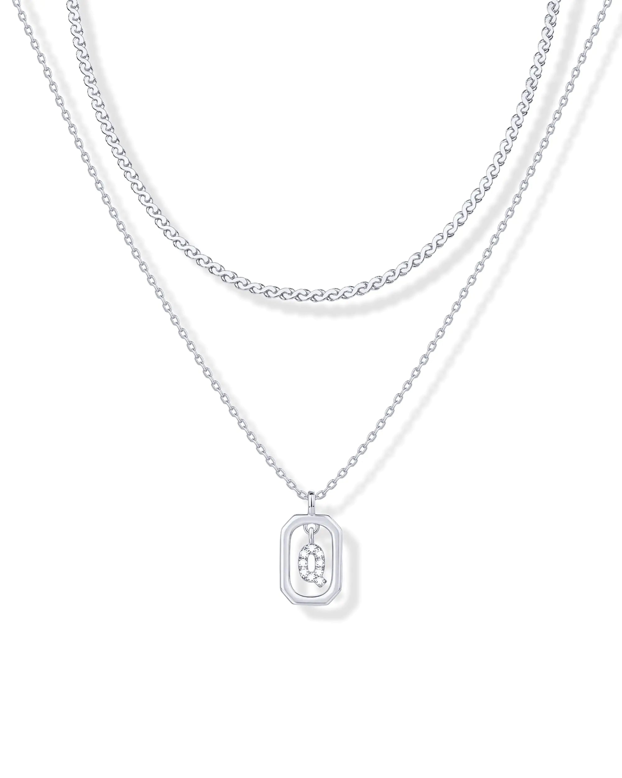 Rhodium Plated Cubic Zirconia Letter Pendant Layered Necklace