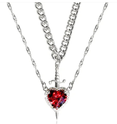 Heart And Sword Necklace Set Gold Color Stainless Steel Crystal Couple Necklaces