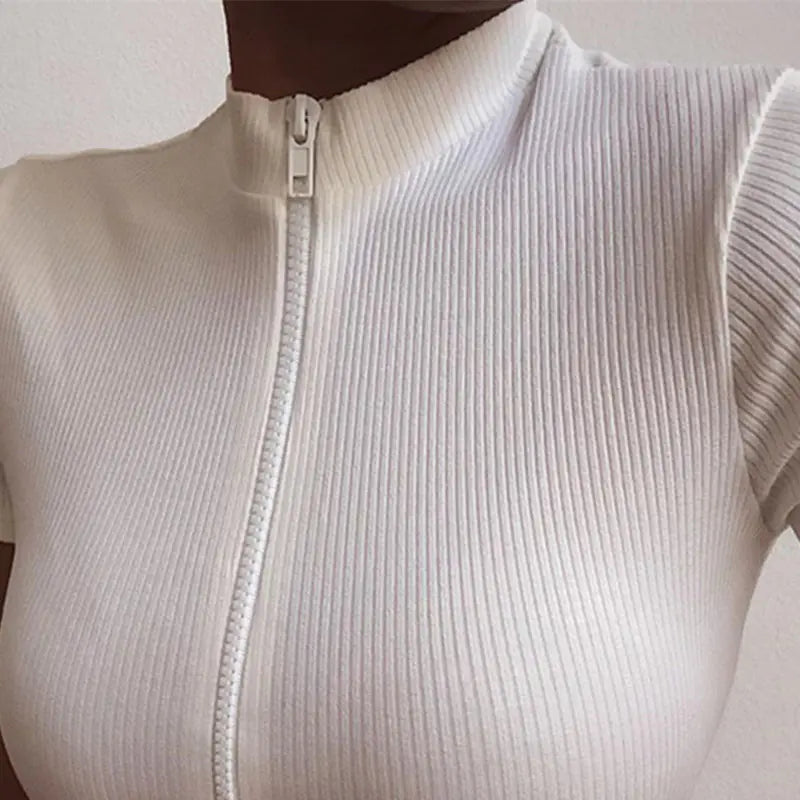 Summer Zipper Short Sleeve Crop Top