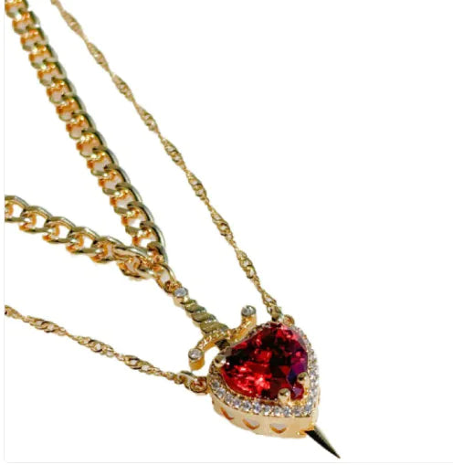 Heart And Sword Necklace Set Gold Color Stainless Steel Crystal Couple Necklaces