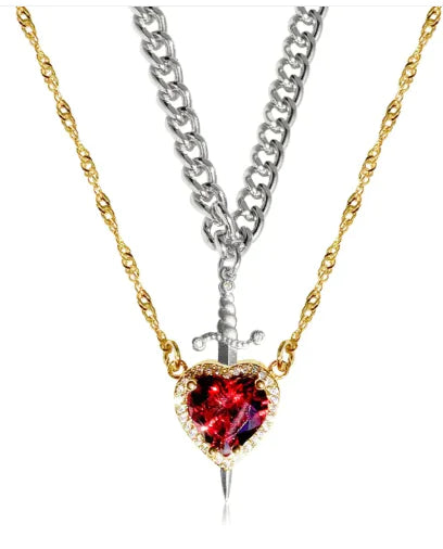 Heart And Sword Necklace Set Gold Color Stainless Steel Crystal Couple Necklaces