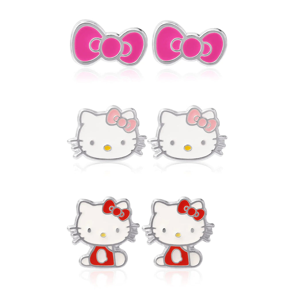Kitty Cat Stud Earrings Set 3-Piece - Silver Plated and Enamel Kitty Cat Earrings