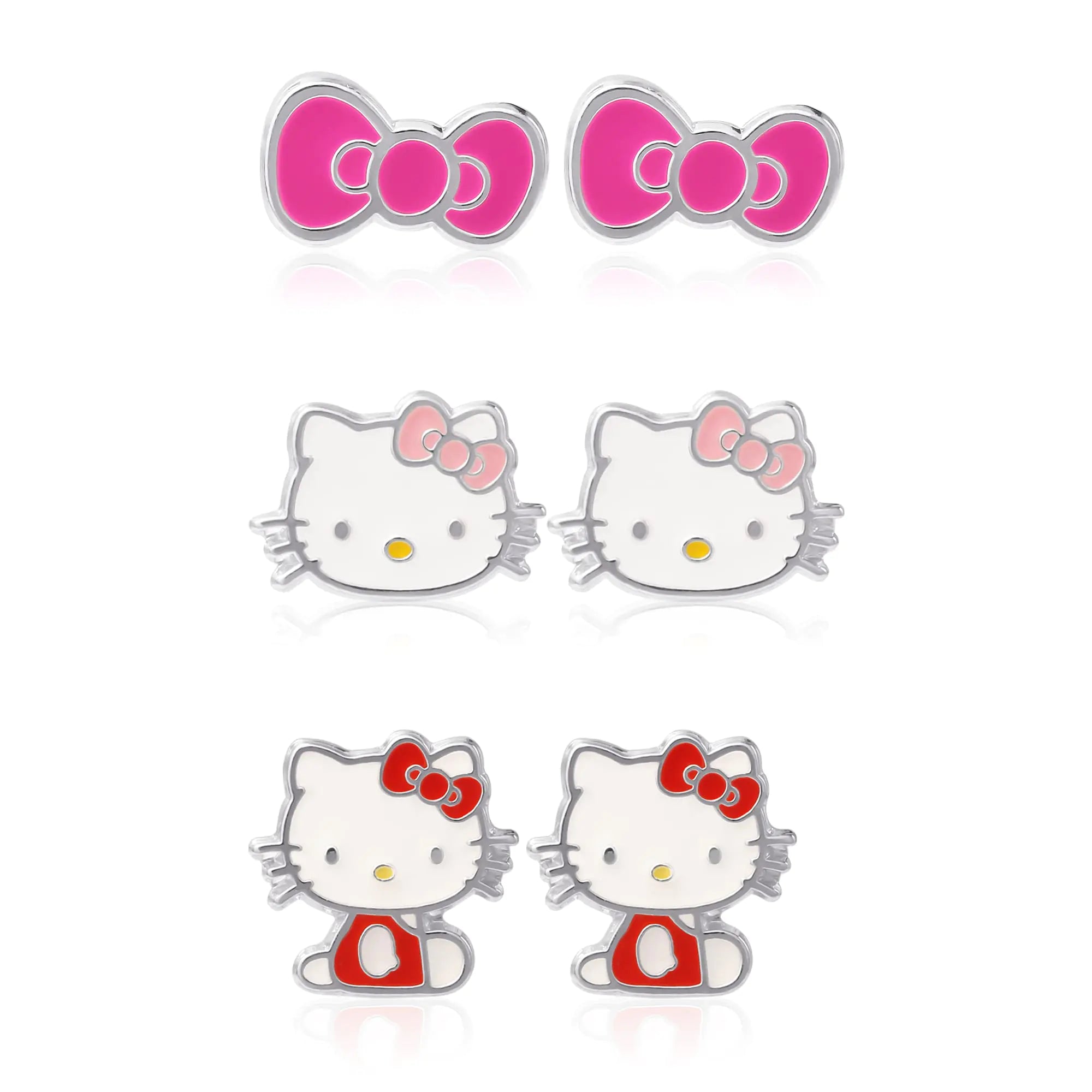 Kitty Cat Stud Earrings Set 3-Piece - Silver Plated and Enamel Kitty Cat Earrings